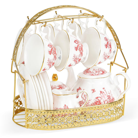 fanquare Vintage Porcelain Tea Set with Holder 22 Piece Red Floral New Bone China Tea Coffee Gift Sets for Wedding Birthday 6 Tea Cup and Saucers for Women Tea Party