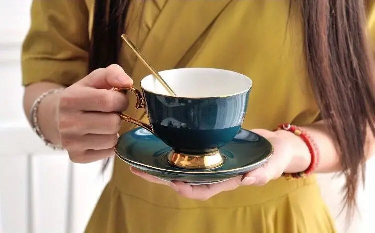 Green Ceramic Coffee Cup and Saucer Set for Tea