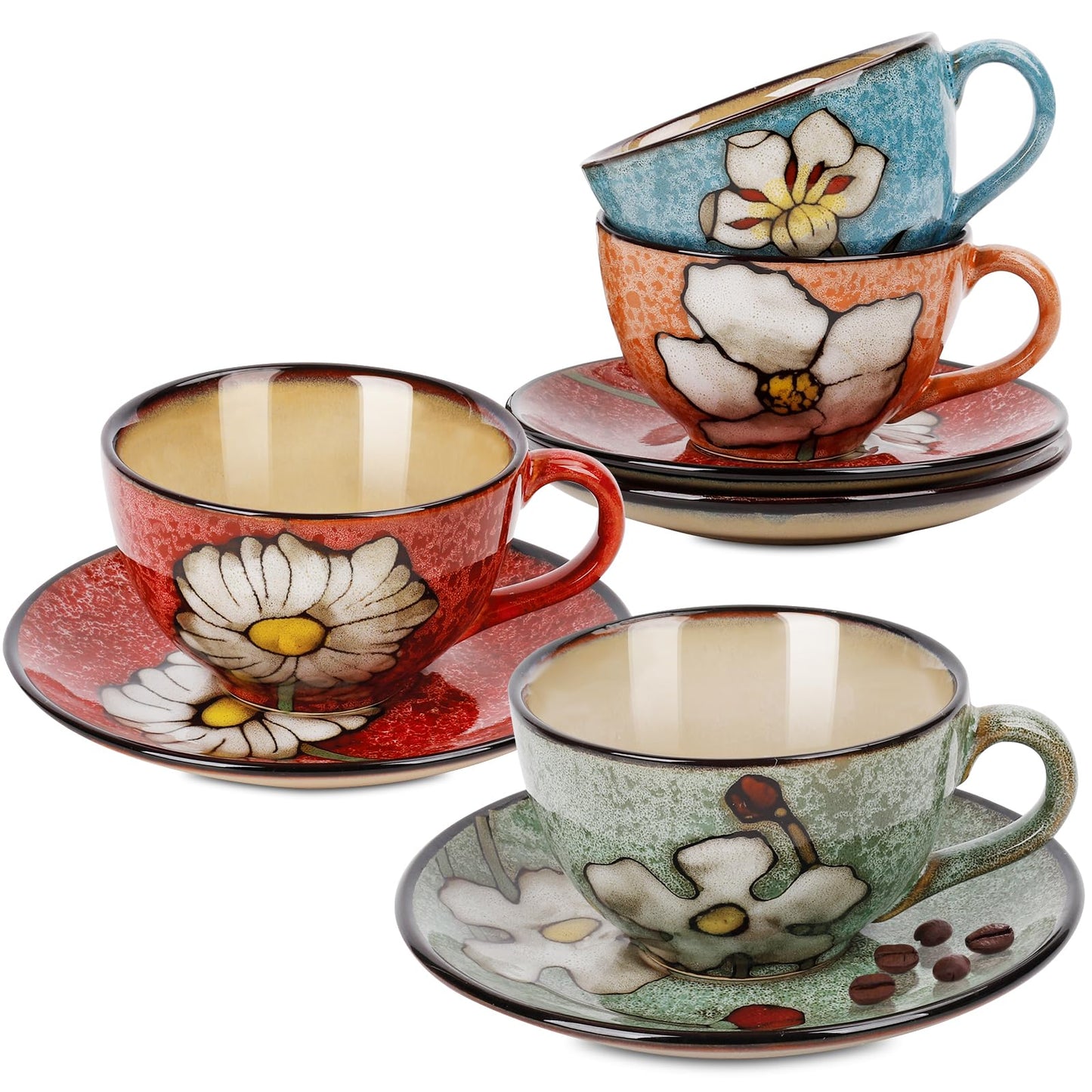 Katathani Cappuccino Cups Set of 4，8oz Ceramic Coffee Cups with Saucers for Tea Espresso and Latte- Porcelain Underglaze Hand-painted Coffee Mugs
