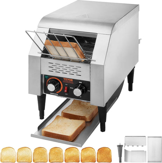 VEVOR Commercial Conveyor Toaster 150 Slices / Hour 1340W Stainless Steel Heavy Duty Industrial Toasters w/ 7 Speed Options Countertop Electric Restaurant Equipment for Bun Bagel Bread Baked Food