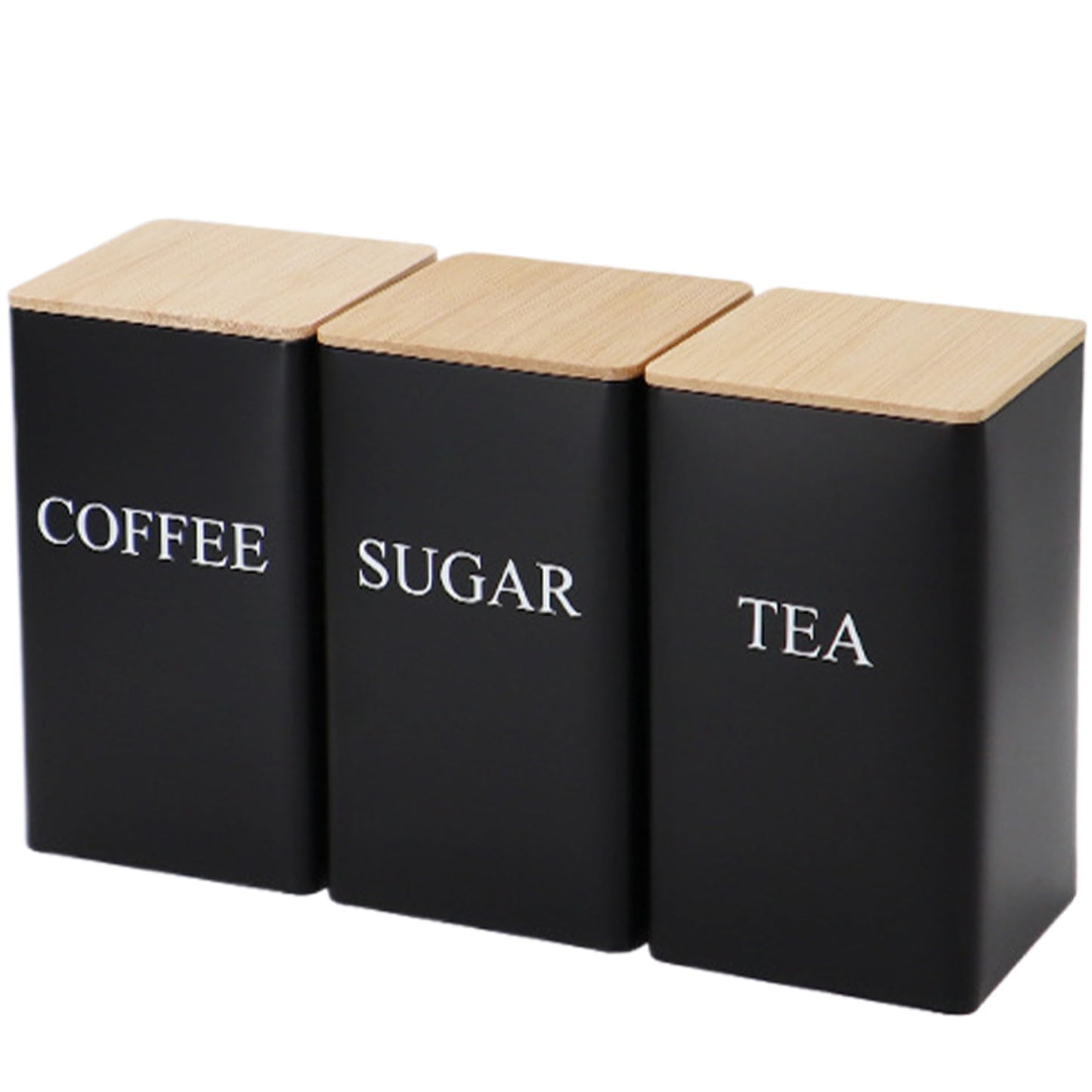 Peosaard Sugar Container Coffee Tea Sugar Container Set of 3 Iron Tea Coffee Sugar Canister Set with Bamboo Lid and Name Marker Simple Square Kitchen Canister Set for Coffee Tea Sugar Storage Black