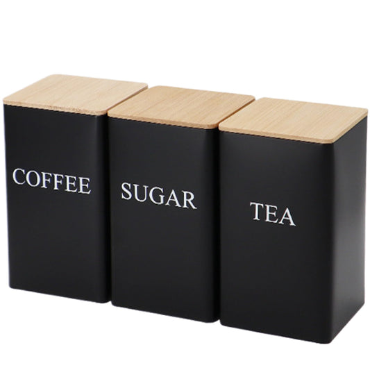 Peosaard Sugar Container Coffee Tea Sugar Container Set of 3 Iron Tea Coffee Sugar Canister Set with Bamboo Lid and Name Marker Simple Square Kitchen Canister Set for Coffee Tea Sugar Storage Black