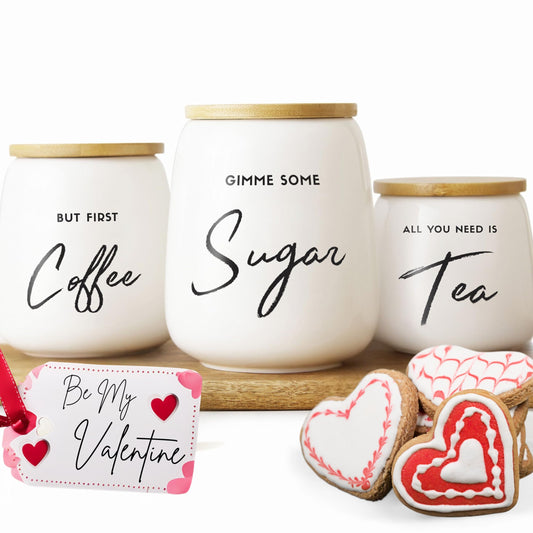 FIFTH FORK Coffee Tea and Sugar Canister Set - 3pc Airtight Kitchen Canisters for Countertop - Ceramic Canister Set for Coffee Bar