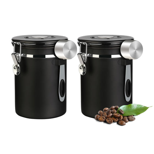 Coffee Canister Airtight Coffee Storage Container Stainless Steel Air Tight Coffee Jar with Scoop Date Tracker and CO2 Release Valve for Beans Ground Tea Flour Cereal and Sugar (2pcs-Black-1.8L)