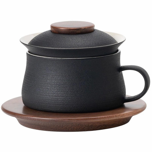 Breleidy Ceramic Tea Cup with Infuser and Lid for Loose Leaf Tea Steeper - Coffee Mug & Saucer Set for Office Home Ideal Gift for Coffee Tea Lovers 200ml/7oz (Black)