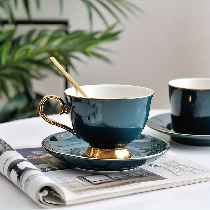 Green Ceramic Coffee Cup and Saucer Set for Tea