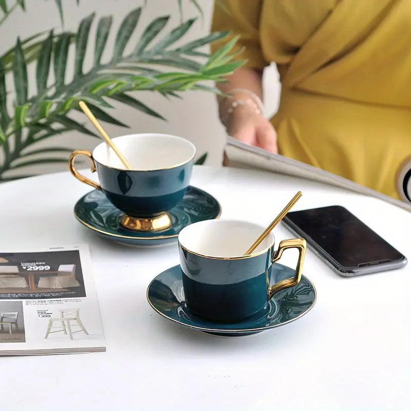 Green Ceramic Coffee Cup and Saucer Set for Tea