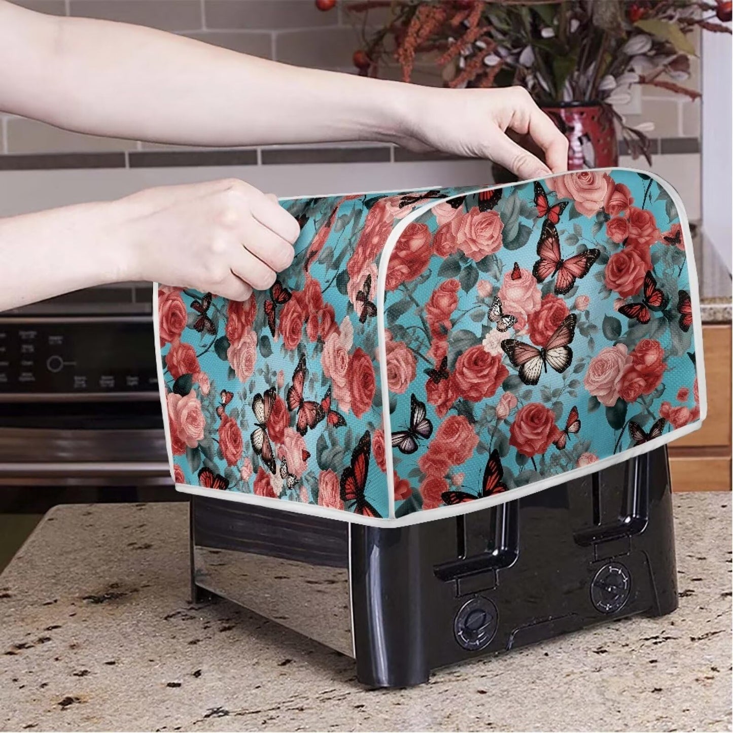 Xoenoiee Butterfly Roses Floral Print Toasters Cover 2 Slice Quilted Toasters Cover Bread Maker Cover Kitchen Small Appliance Cover Toaster Oven Cover Size M