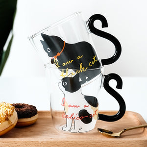 250ML Cute Cat Glass Juice Coffee Cup Milk Tea Coffee Glass Mug Cat Tail Handle Cat  Valentine's Day Lover Gifts Stainless Spoon