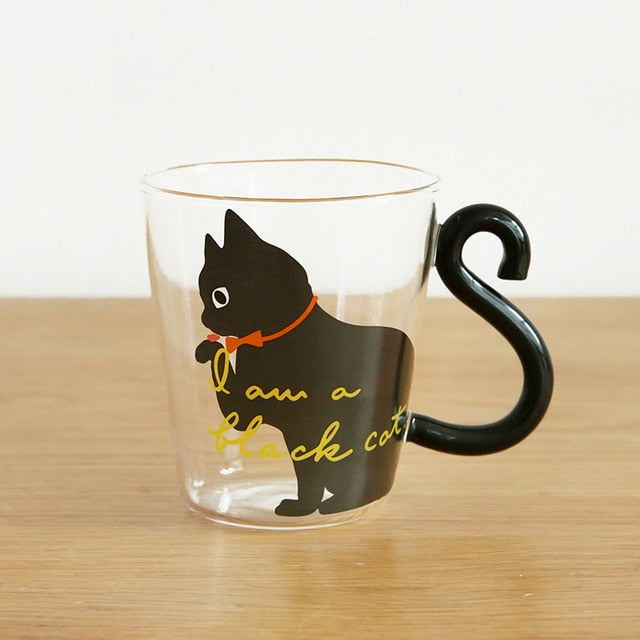 250ML Cute Cat Glass Juice Coffee Cup Milk Tea Coffee Glass Mug Cat Tail Handle Cat  Valentine's Day Lover Gifts Stainless Spoon