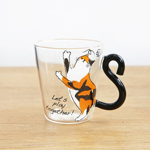 250ML Cute Cat Glass Juice Coffee Cup Milk Tea Coffee Glass Mug Cat Tail Handle Cat  Valentine's Day Lover Gifts Stainless Spoon
