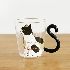 250ML Cute Cat Glass Juice Coffee Cup Milk Tea Coffee Glass Mug Cat Tail Handle Cat  Valentine's Day Lover Gifts Stainless Spoon